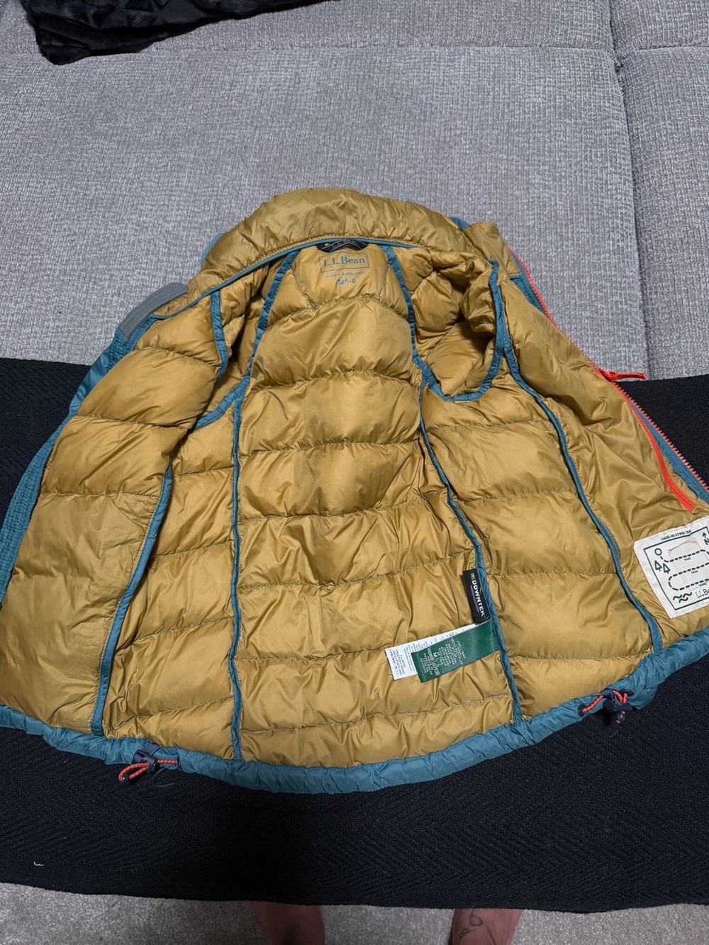 L.L. Bean Kids’ Ultralight 650 Down Puffer Jacket in Storm Teal w Orange Accents - Picture 3 of 3